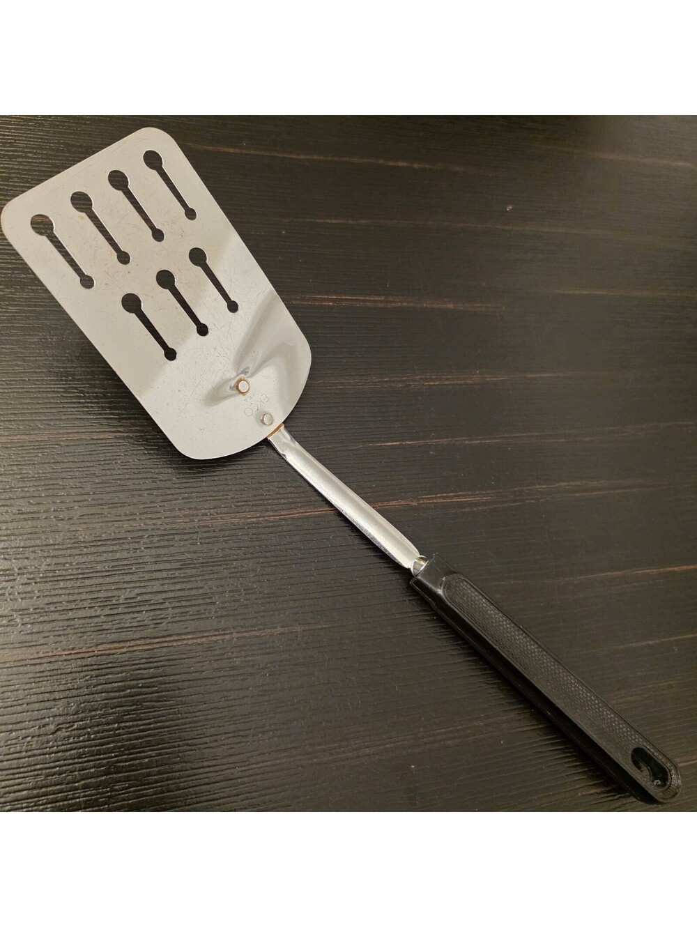 Vintage EKCO Chromium Plated Keyhole Slotted Spatula Black Handle VGC